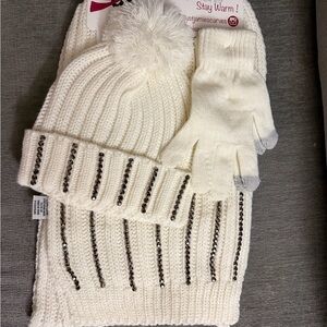White Knit Beanie and Gloves Set with Rhinestones